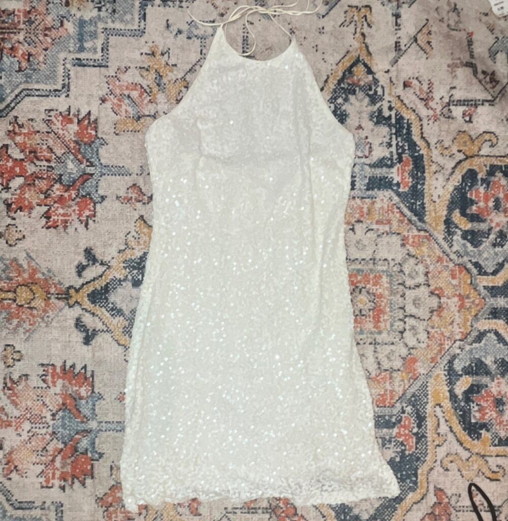 Belle Badgley Mischka White Sequin Halter Mini Dress Open Back Bride Size 0